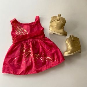American Girl Doll Saige Copeland's Pink Sparkle Dress and Gold Cowgirl boots